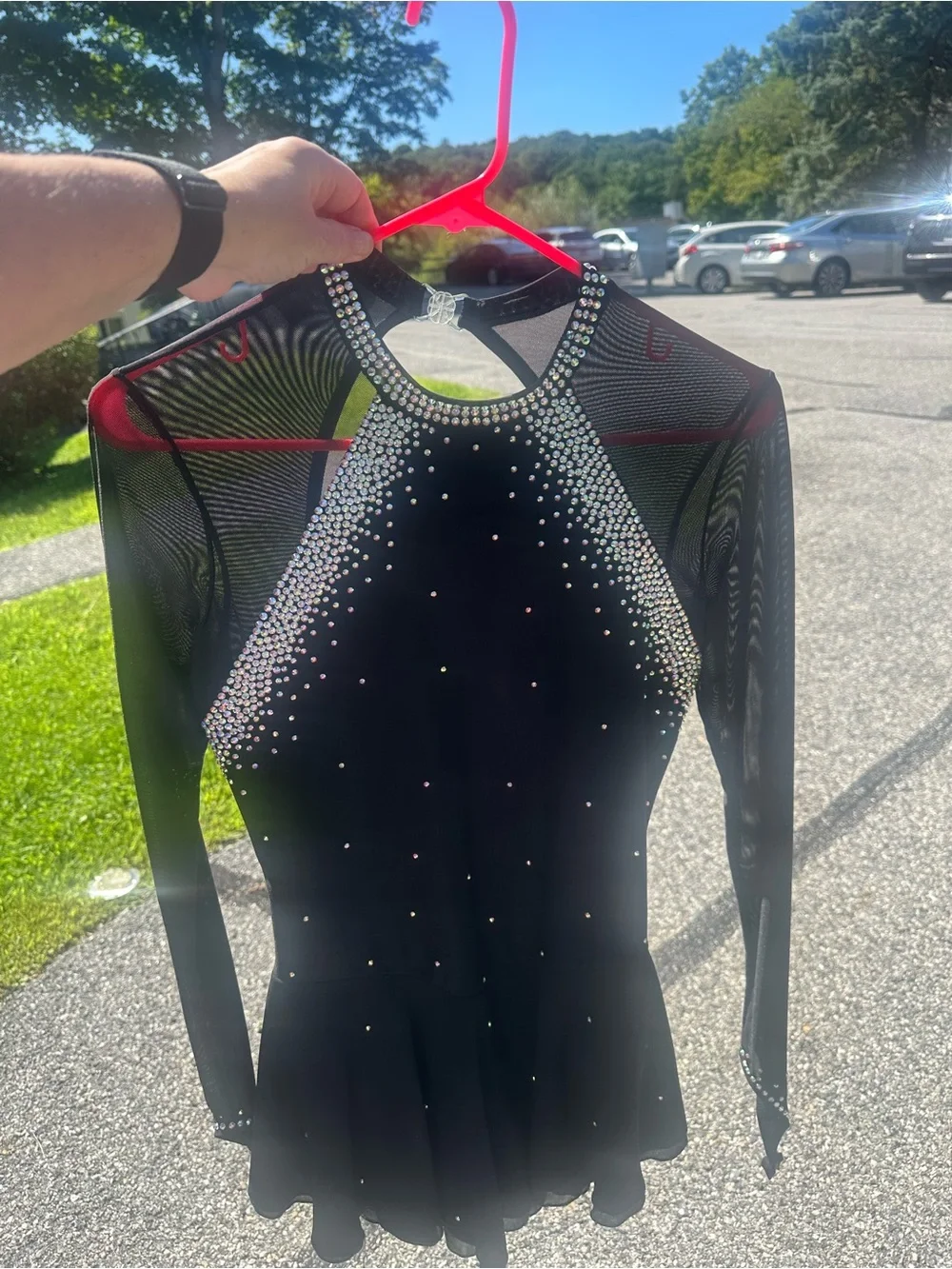 Black Girls' Long-Sleeve Rhinestone One-Piece Skating Dress or Dance Dress.